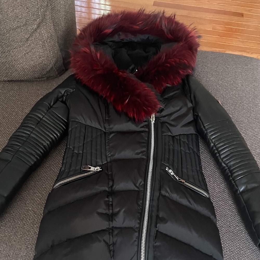 Nicole Benisti down puffer coat with leather sleeves